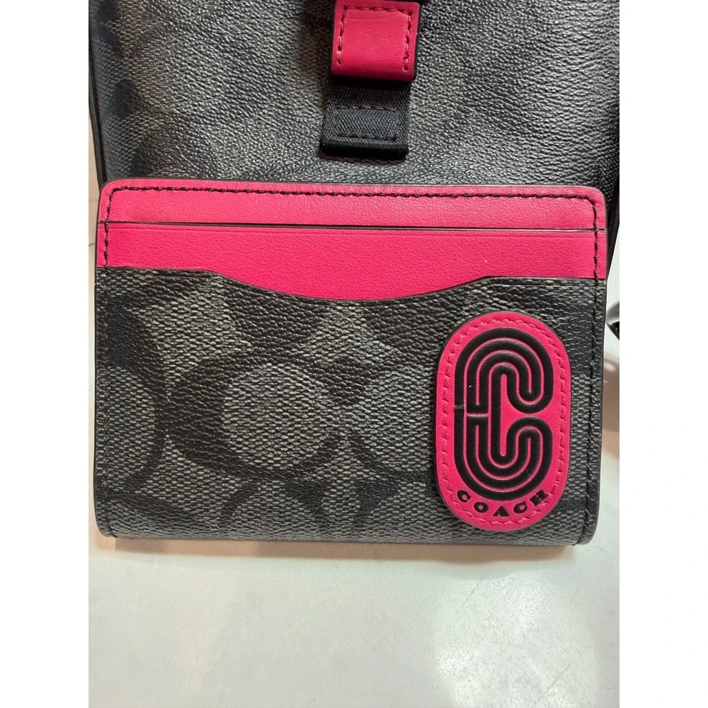 Coach Track Small Crossbody Bag Signature Canvas Charcoal Pink C2600